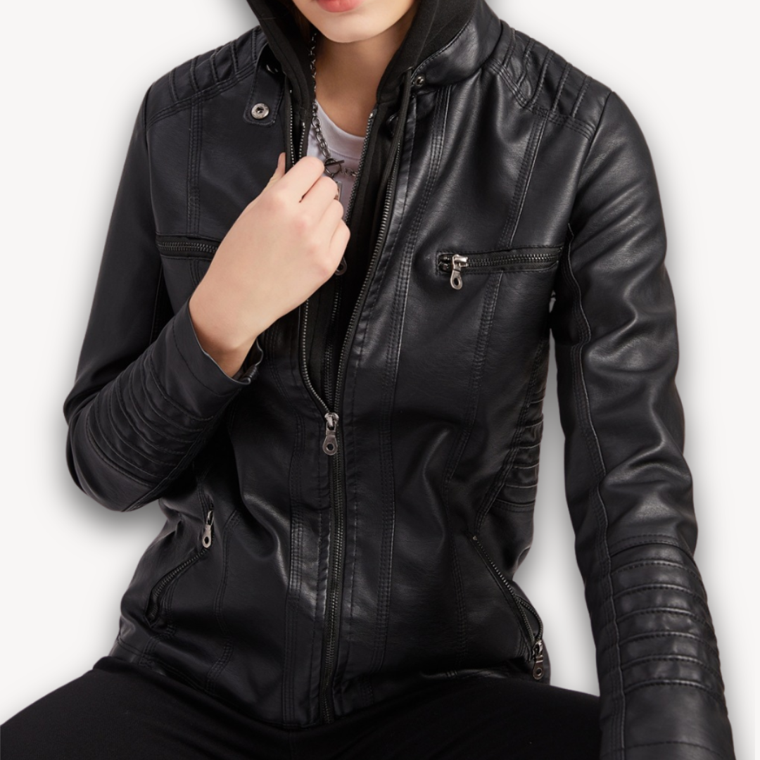 Loravelle | Women's Black Faux Leather Jacket with Hood - Slim Fit Biker Style for Adults, Winter Wear