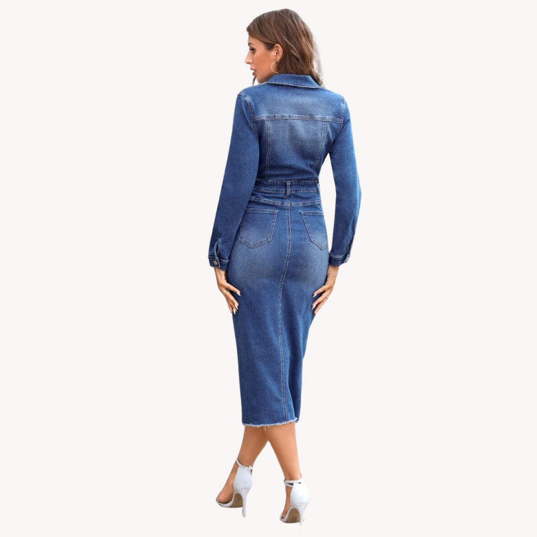 Loravelle | Women's Denim Midi Dress – Button-Up, Long Sleeve