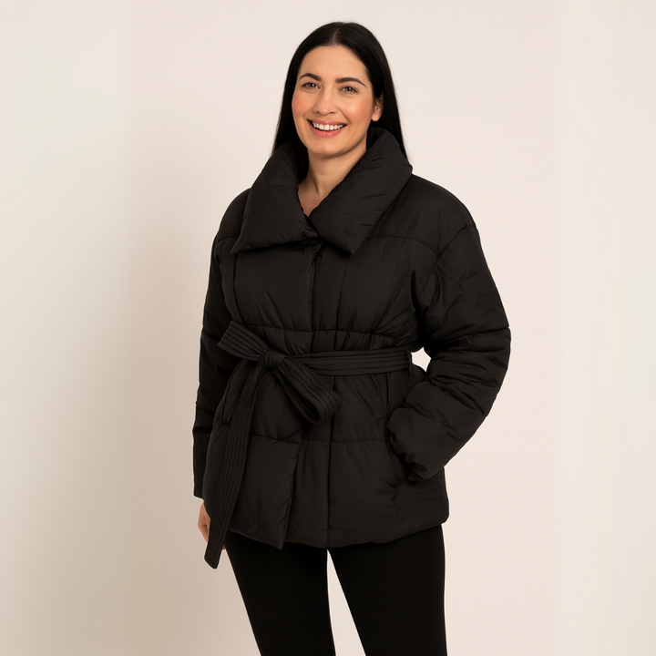 Women’s Black Quilted Puffer Jacket with Belt Loravelle