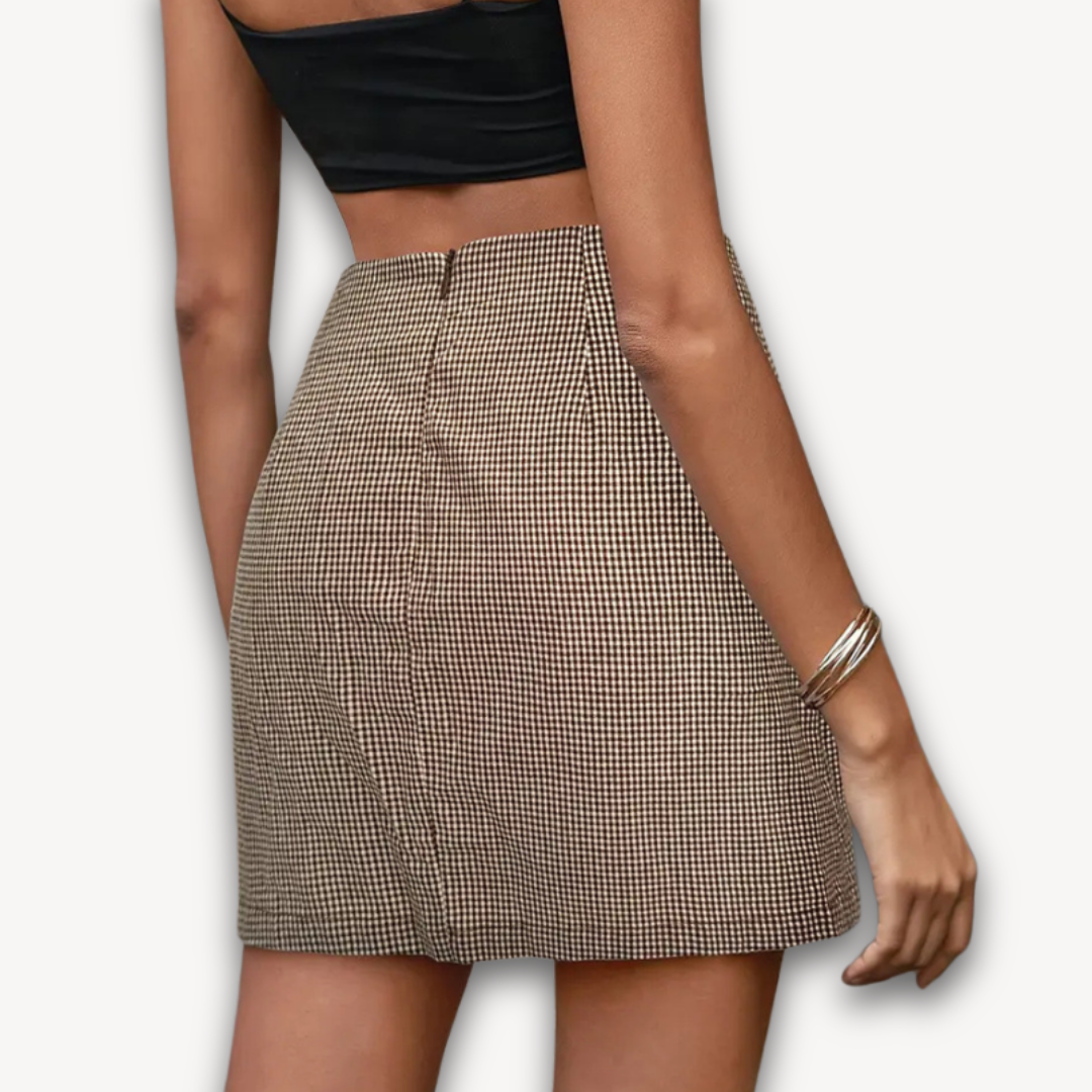 Loravelle | Women's Beige Plaid Mini Skirt - High-Waist A-Line Slim Fit - Adult Casual & Office Wear