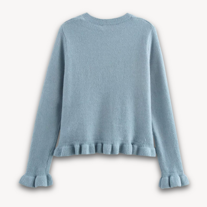 Loravelle | Women’s Ruffled Crop Cardigan - Blue Gray Knitted Long Sleeve Autumn Sweater, Korean Style Outwear