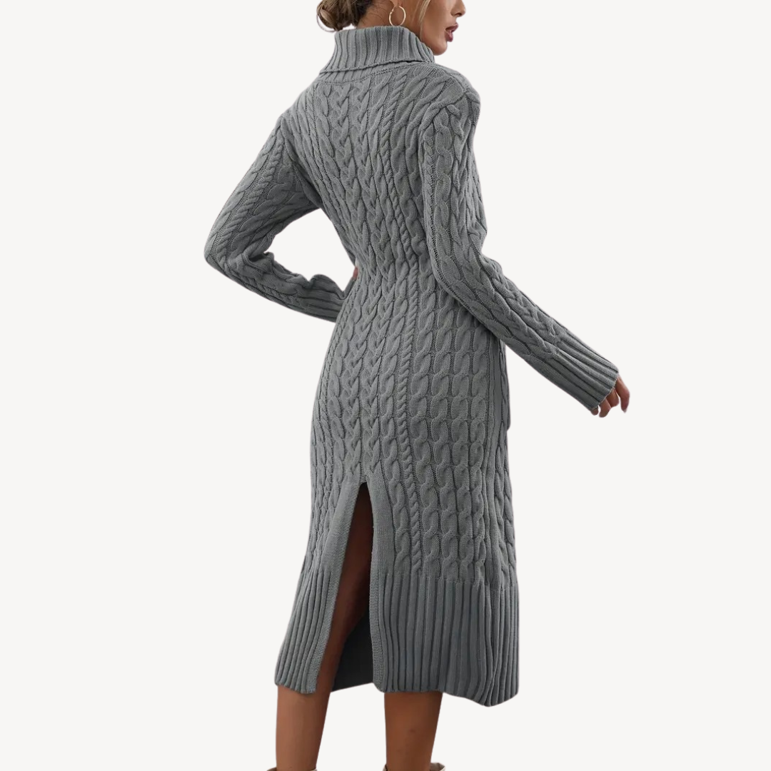 Grey Cable Knit Turtleneck Dress | Loravelle