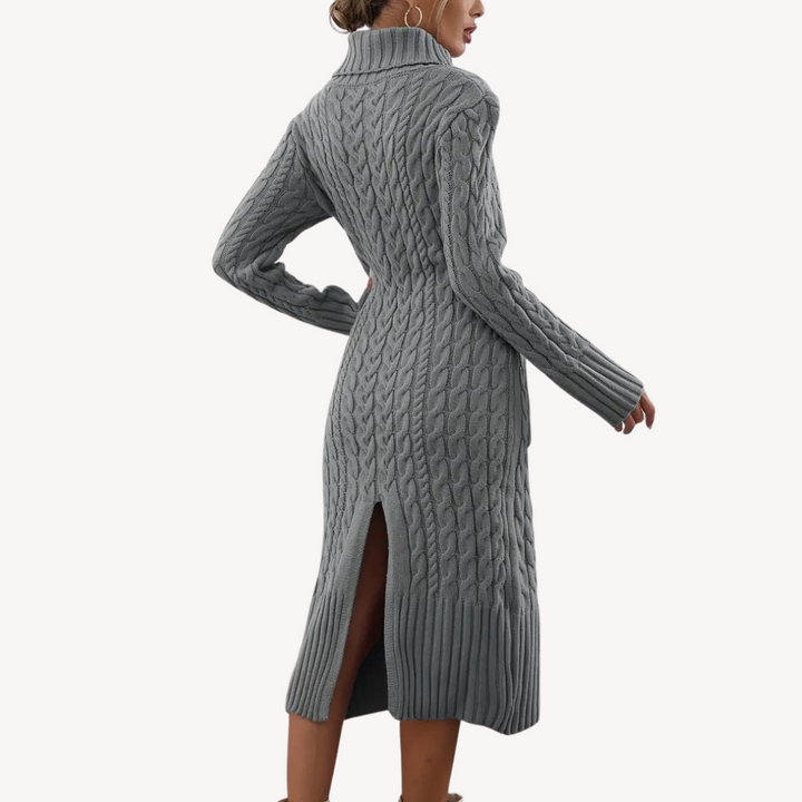 Grey Cable Knit Turtleneck Dress | Loravelle