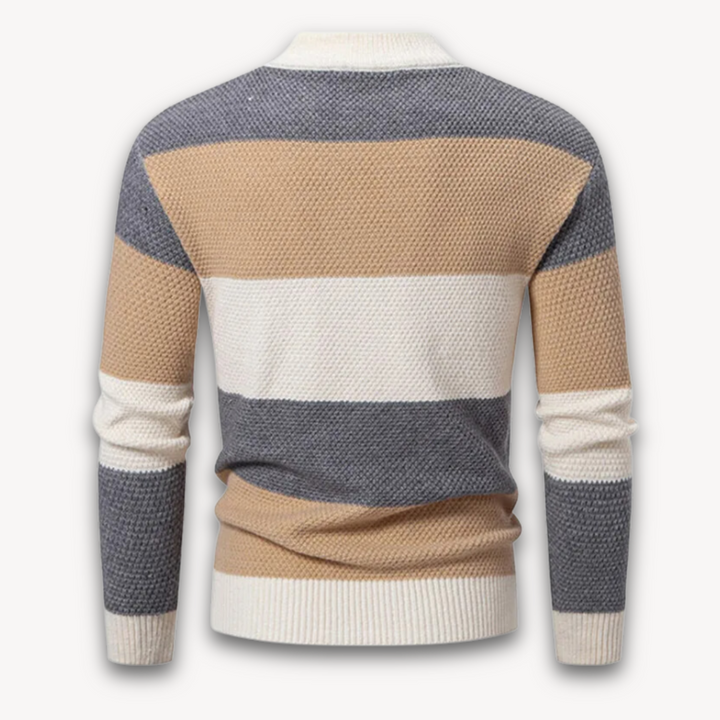 Loravelle Men's Striped Geometric Knit Sweater - Soft Cotton Blend, Crewneck