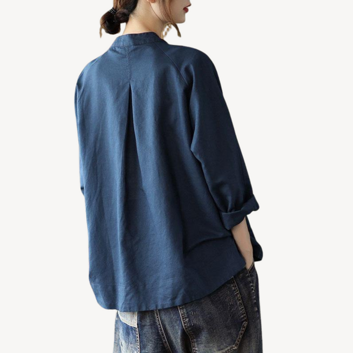 Women's Linen Blend Mandarin Collar Shirt | Loravelle