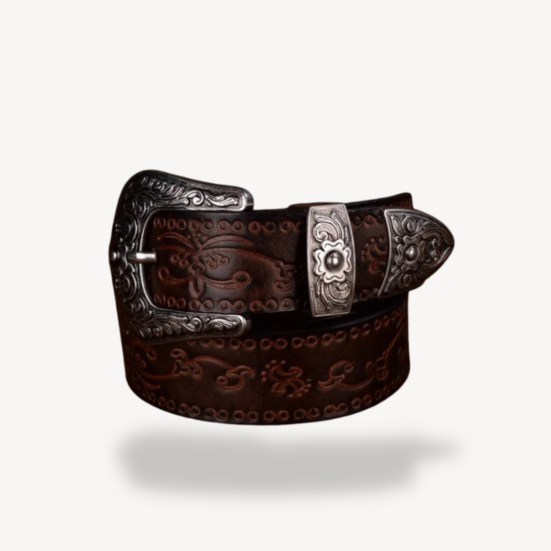 Men's Western Embossed Leather Belt with Floral Buckle | Loravelle