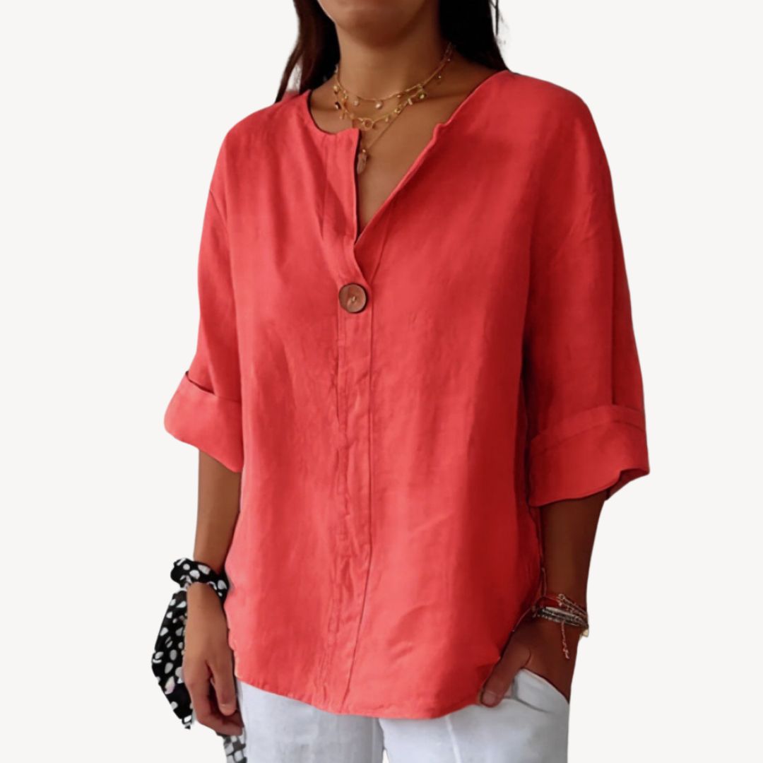 Women's Linen Long Sleeve V-Neck Blouse | Loravelle