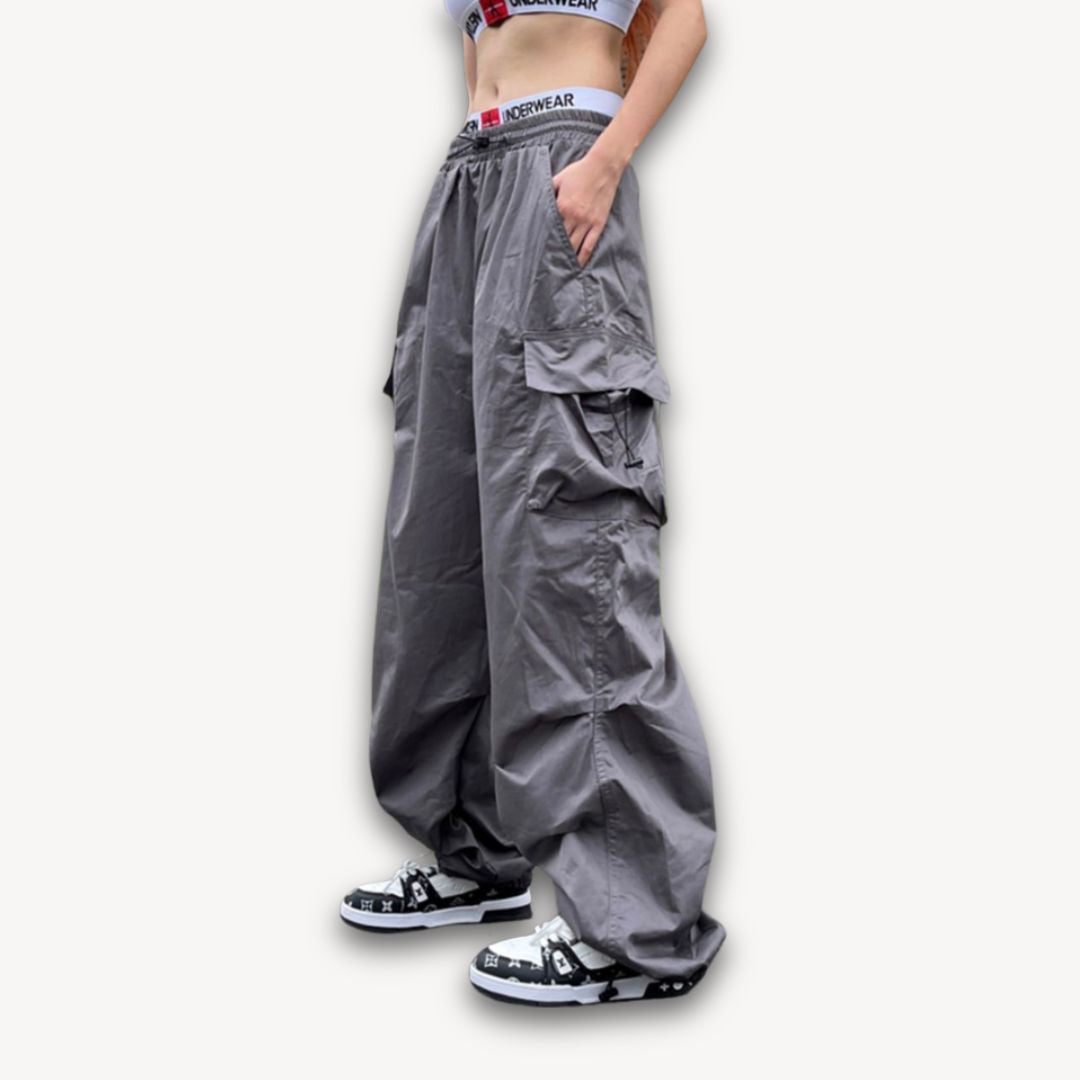 Loravelle | Women's Y2K Black Parachute Pants - Oversized Cargo Streetwear with Pockets - Harajuku Wide-Leg Baggy Sweatpants X