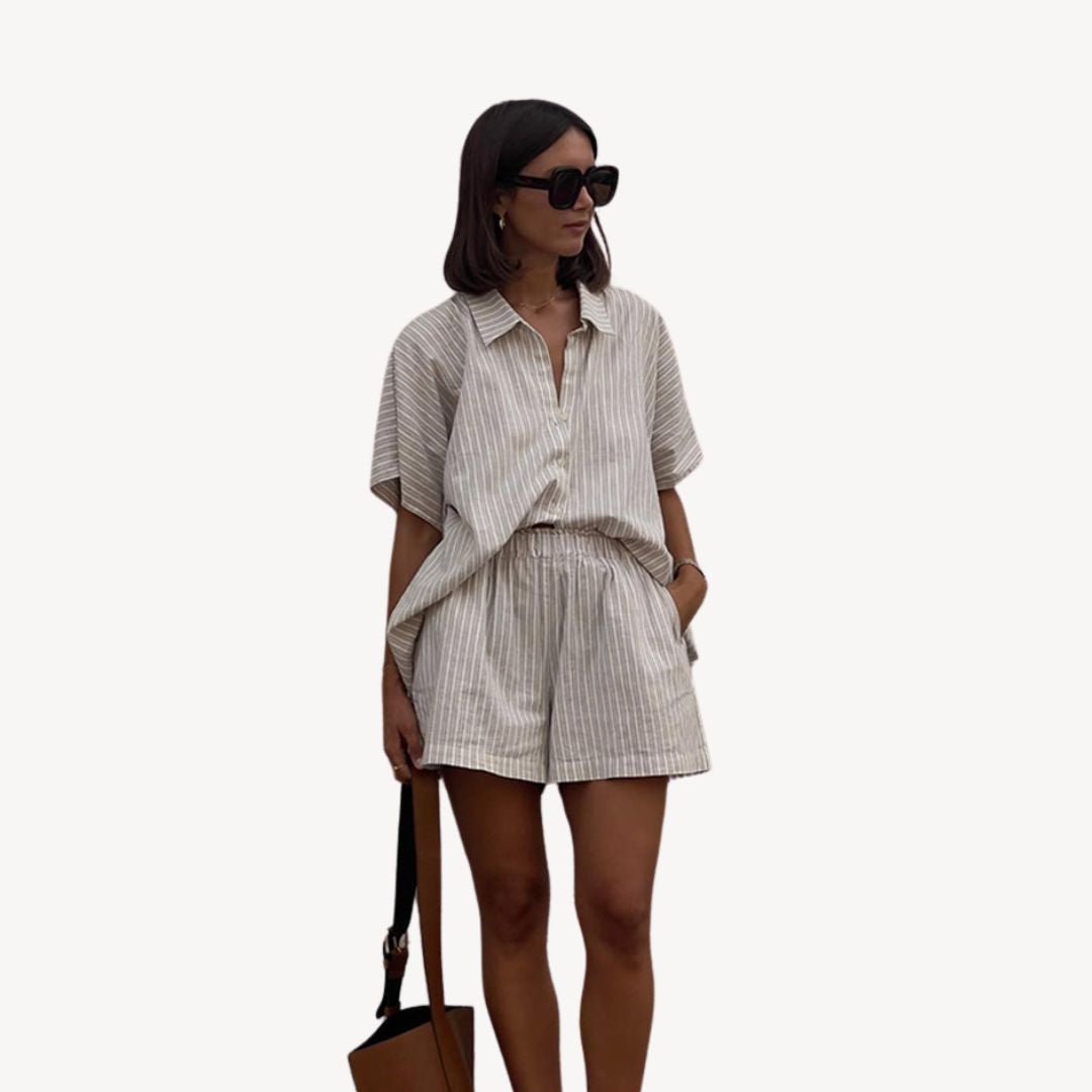 Textured Striped Linen Blend Short Set Women | Loravelle