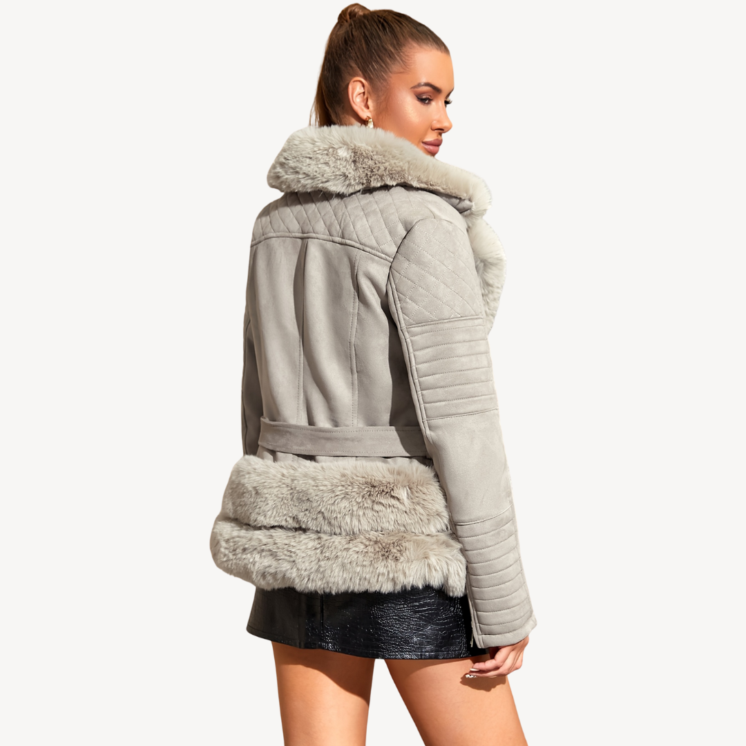 Women's Faux Fur Shearling Biker Jacket Brown | Loravelle