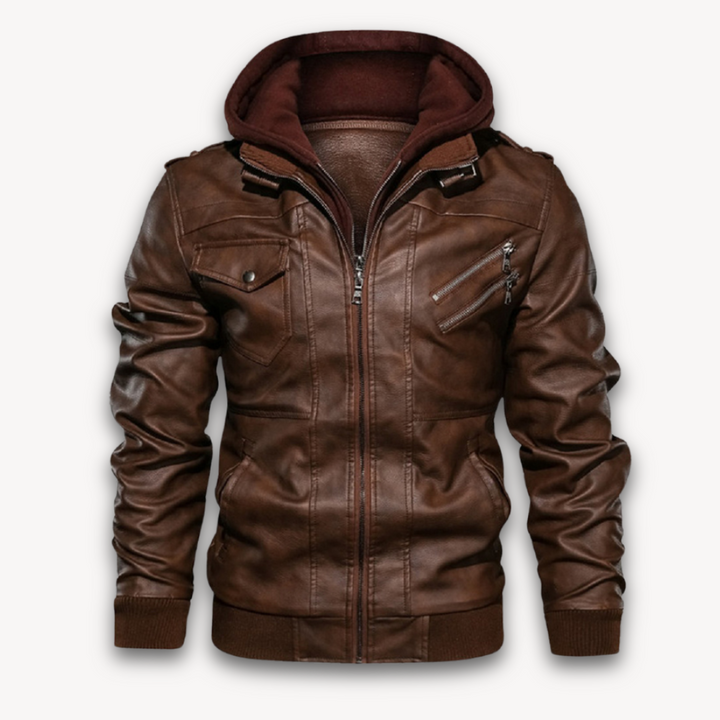 Loravelle | Men's Faux Leather Hooded Jacket - Casual Winter Coat with Removable Hood