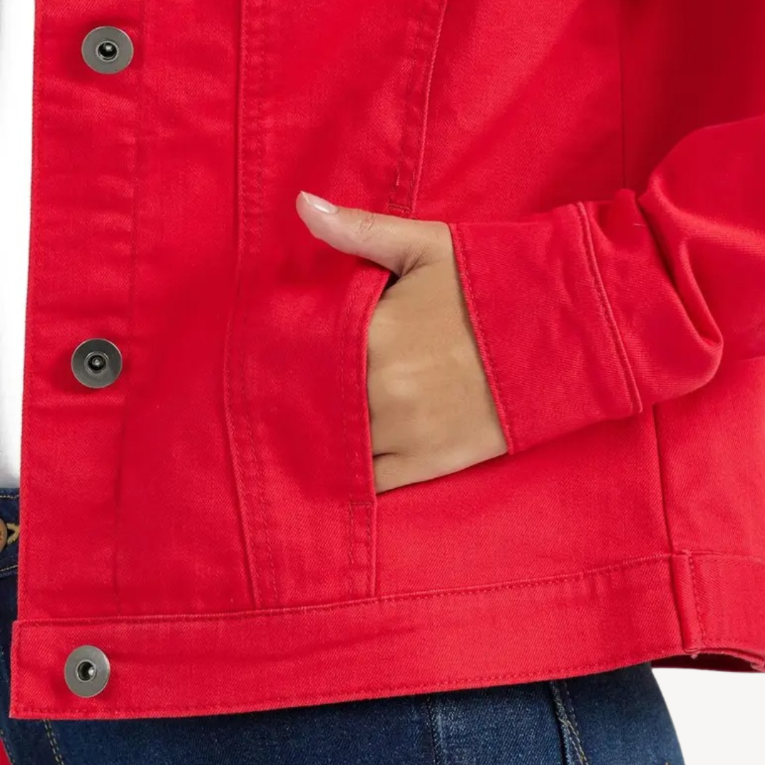 Red Denim Button-Up Jacket | Loravelle