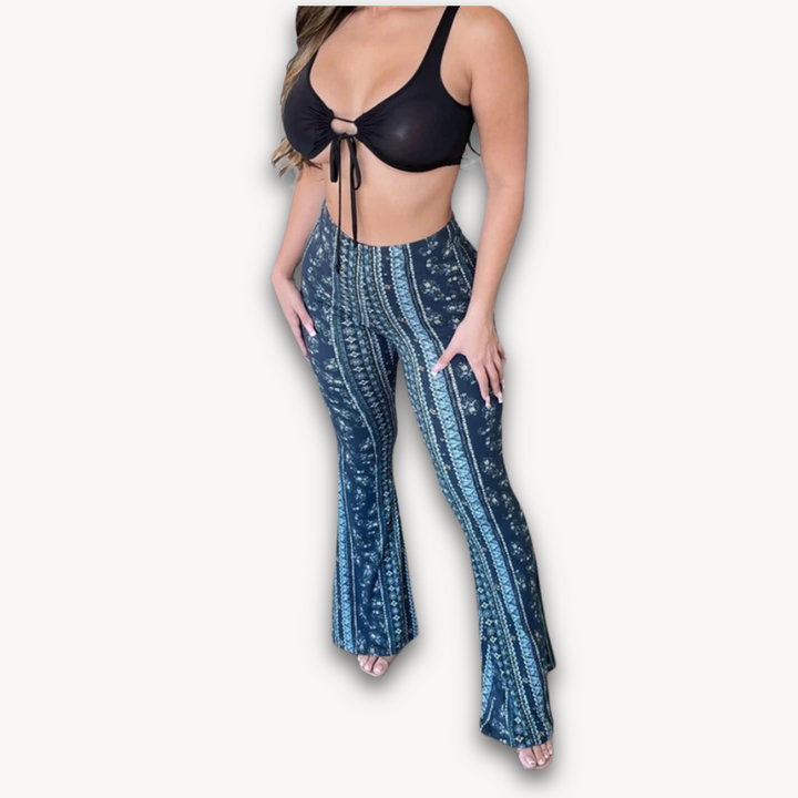 Loravelle | Women's Boho Floral Bell-Bottom Pants - High-Waist Stretch Knit - Casual & Festival Wear