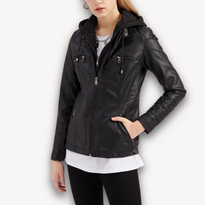 Loravelle | Women's Black Faux Leather Jacket with Hood - Slim Fit Biker Style for Adults, Winter Wear