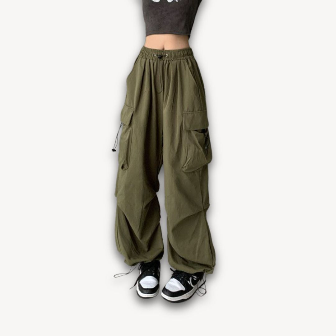 Loravelle | Women's Y2K Black Parachute Pants - Oversized Cargo Streetwear with Pockets - Harajuku Wide-Leg Baggy Sweatpants X