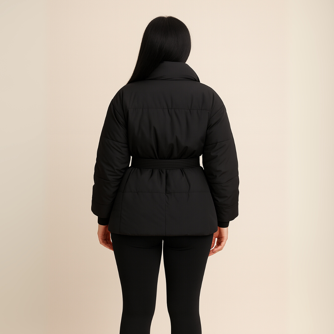 Women’s Black Quilted Puffer Jacket with Belt Loravelle