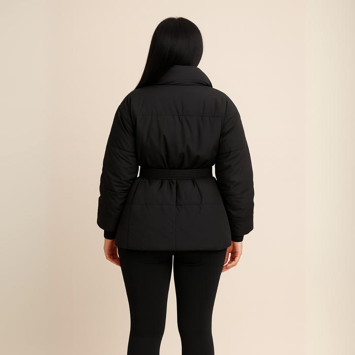Women’s Black Quilted Puffer Jacket with Belt Loravelle
