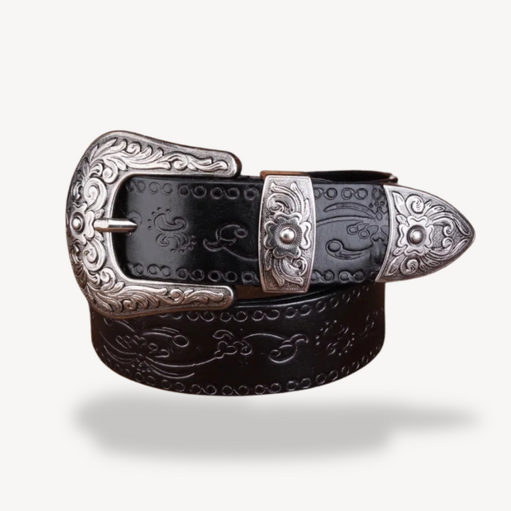 Men's Western Embossed Leather Belt with Floral Buckle | Loravelle