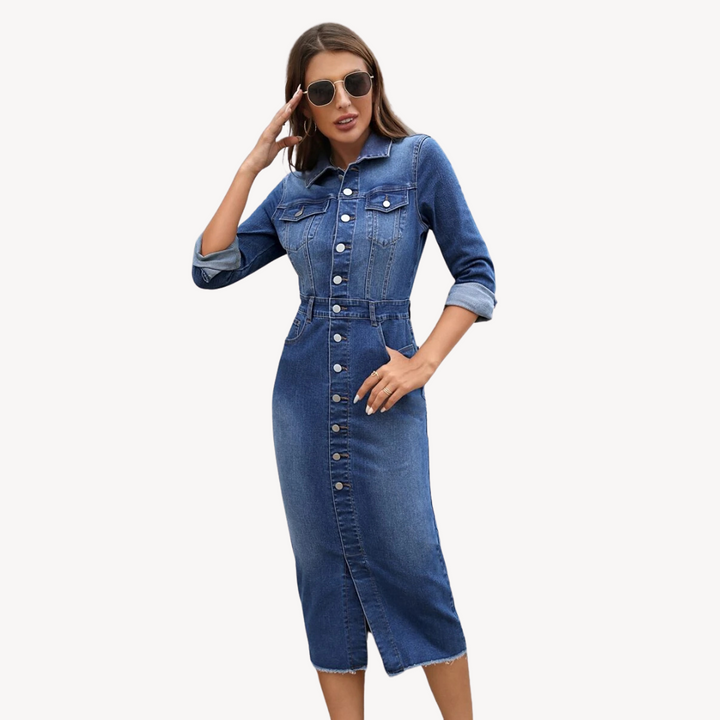 Loravelle | Women's Denim Midi Dress – Button-Up, Long Sleeve