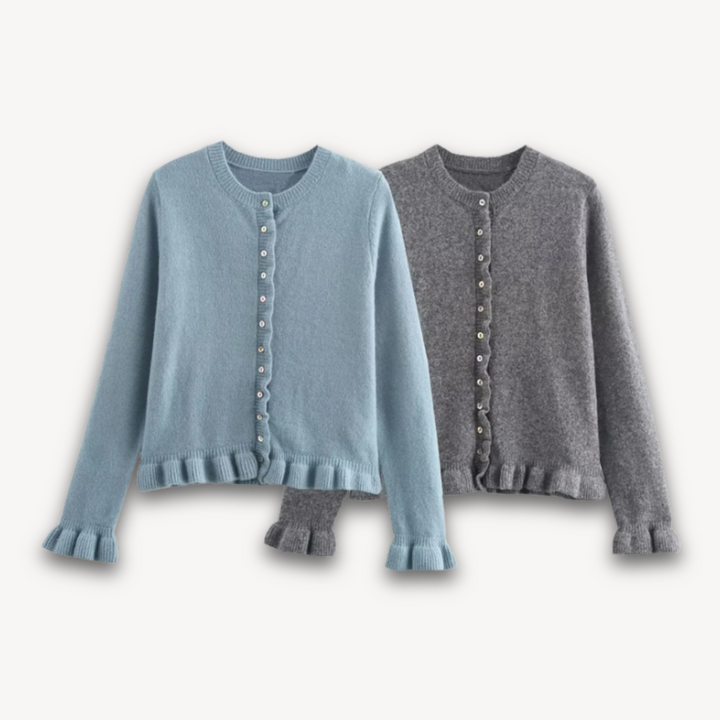 Loravelle | Women’s Ruffled Crop Cardigan - Blue Gray Knitted Long Sleeve Autumn Sweater, Korean Style Outwear