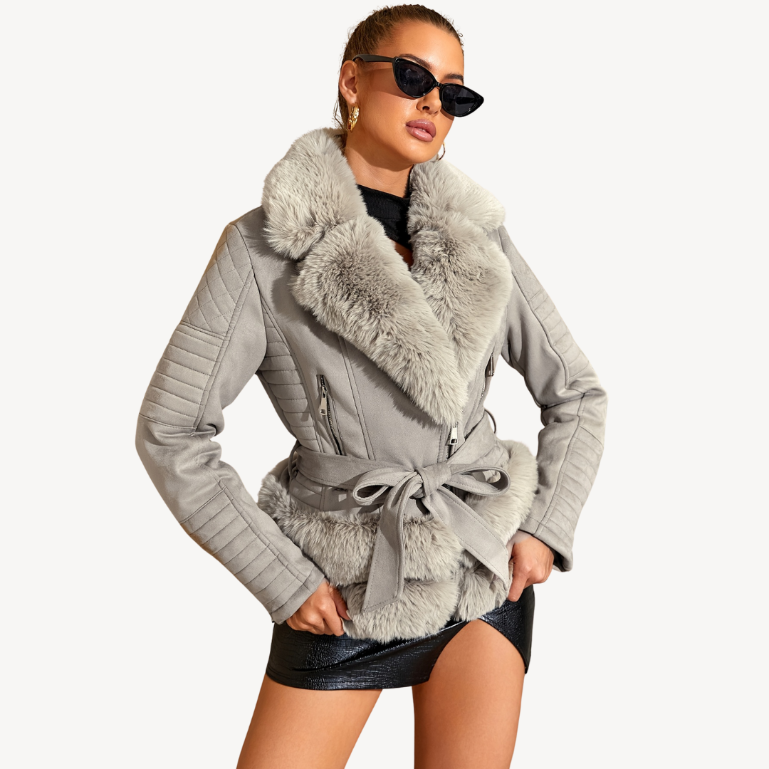 Women's Faux Fur Shearling Biker Jacket Brown | Loravelle