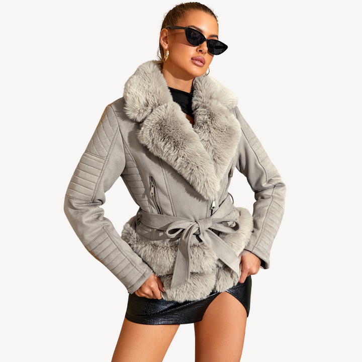 Women's Faux Fur Shearling Biker Jacket Brown | Loravelle