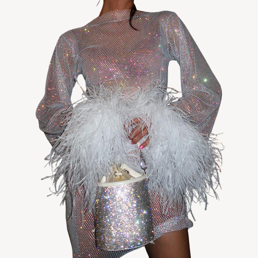 Sequined Mesh Feather Detail Mesh Dress | Loravelle