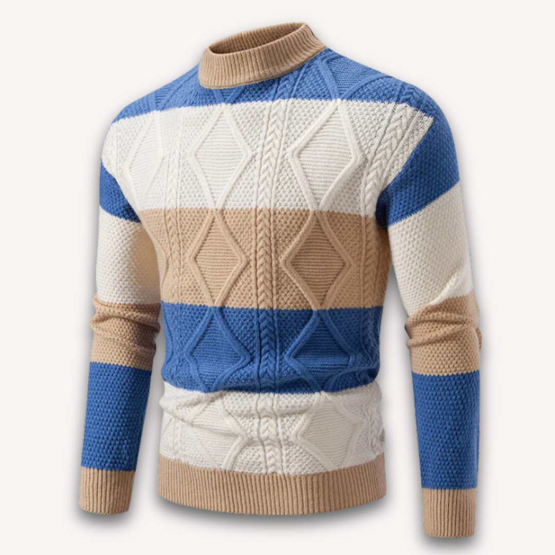 Loravelle Men's Striped Geometric Knit Sweater - Soft Cotton Blend, Crewneck