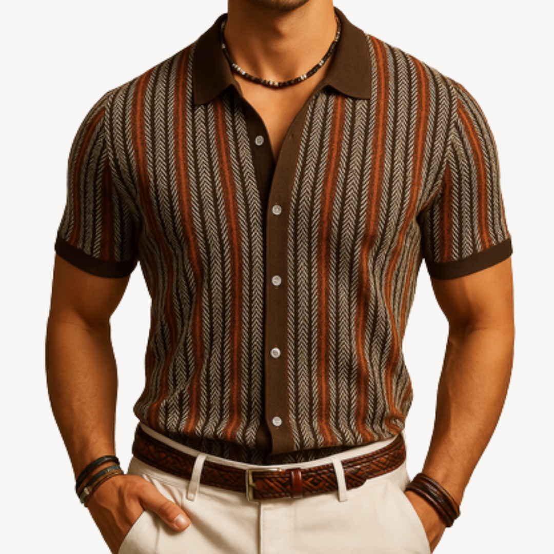 Men's Striped Knit Polo Shirt with Short Sleeve | Loravelle
