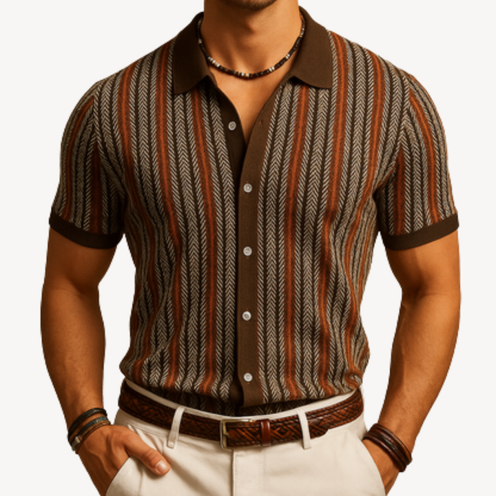 Men's Striped Knit Polo Shirt with Short Sleeve | Loravelle
