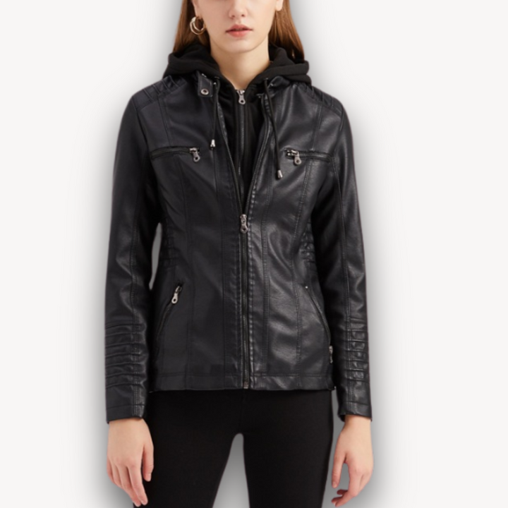 Loravelle | Women's Black Faux Leather Jacket with Hood - Slim Fit Biker Style for Adults, Winter Wear