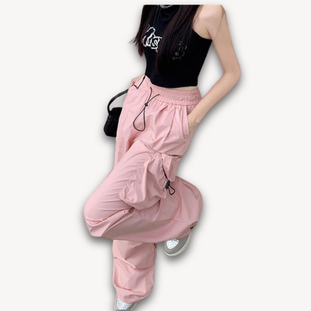 Loravelle | Women's Y2K Black Parachute Pants - Oversized Cargo Streetwear with Pockets - Harajuku Wide-Leg Baggy Sweatpants X