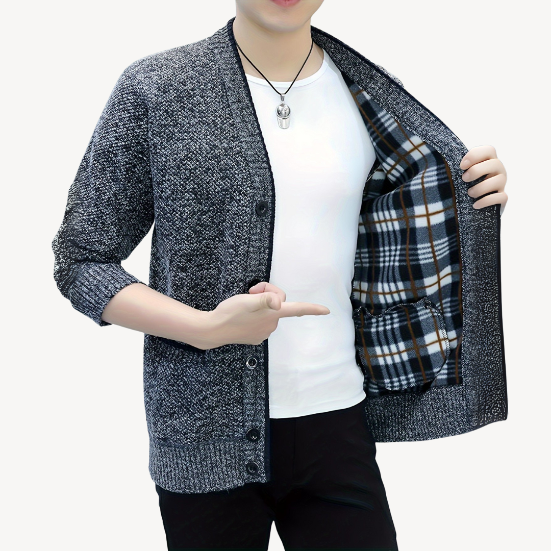 Men's Cardigan Sweater with Plaid Lining | Loravelle