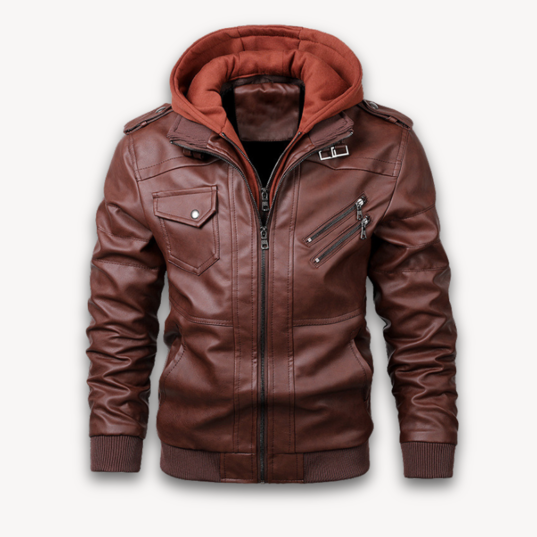 Loravelle | Men's Faux Leather Hooded Jacket - Casual Winter Coat with Removable Hood