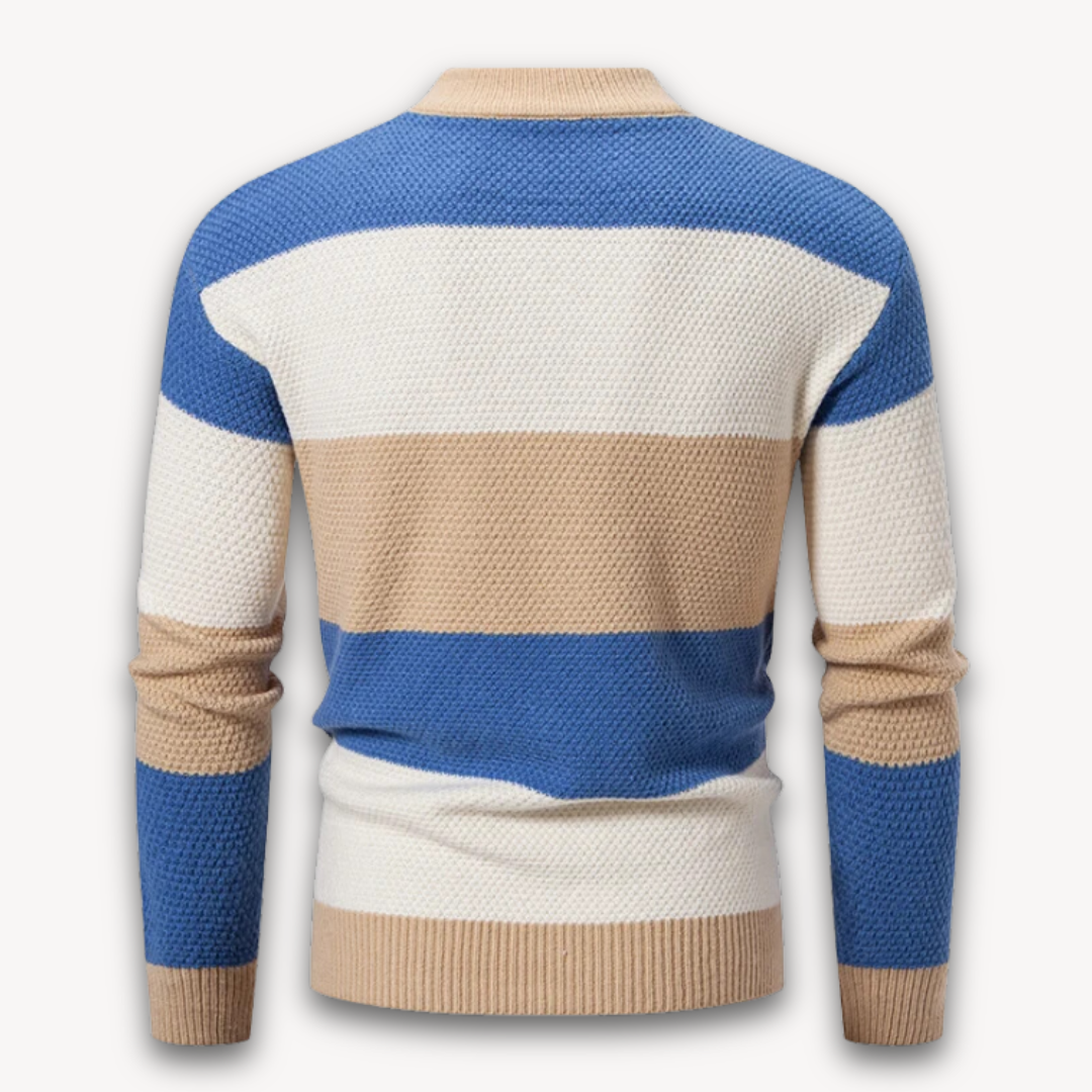 Loravelle Men's Striped Geometric Knit Sweater - Soft Cotton Blend, Crewneck