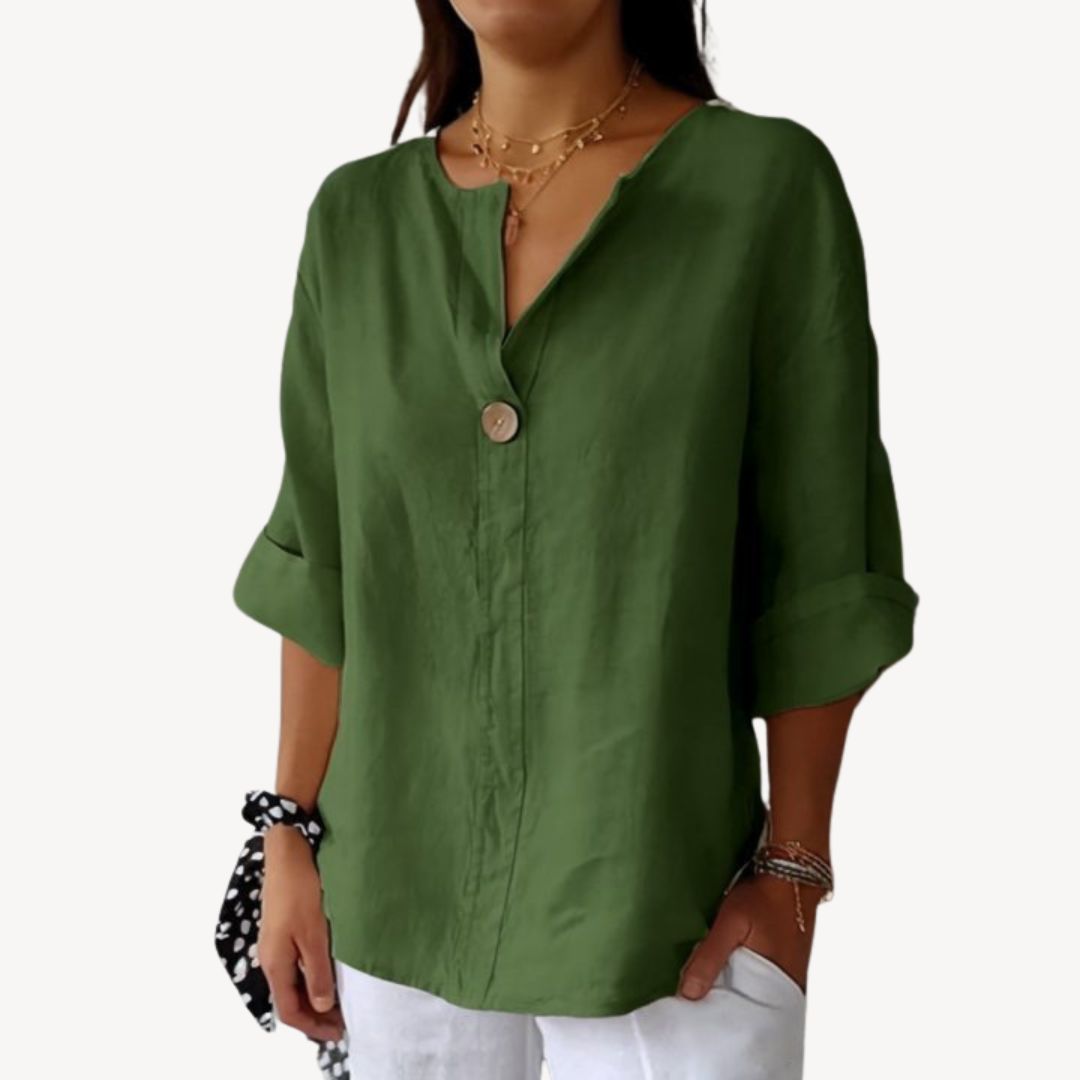 Women's Linen Long Sleeve V-Neck Blouse | Loravelle