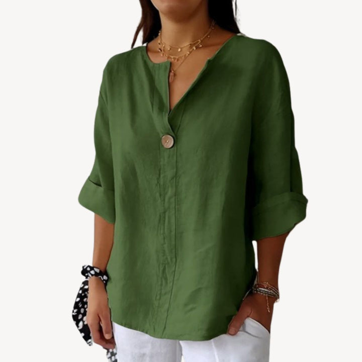 Women's Linen Long Sleeve V-Neck Blouse | Loravelle