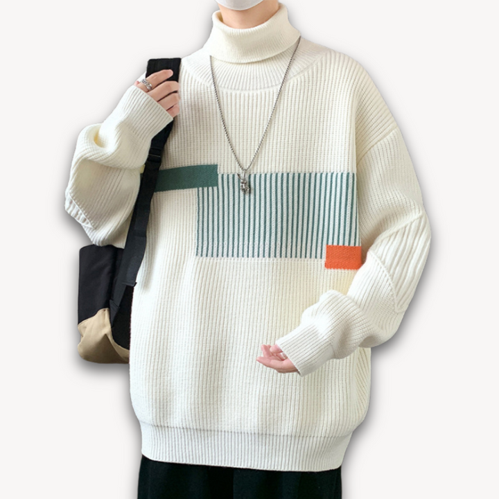 Loravelle | Men's Turtleneck Sweater with Abstract Design - Warm Merino Wool Knit Pullover for Adults