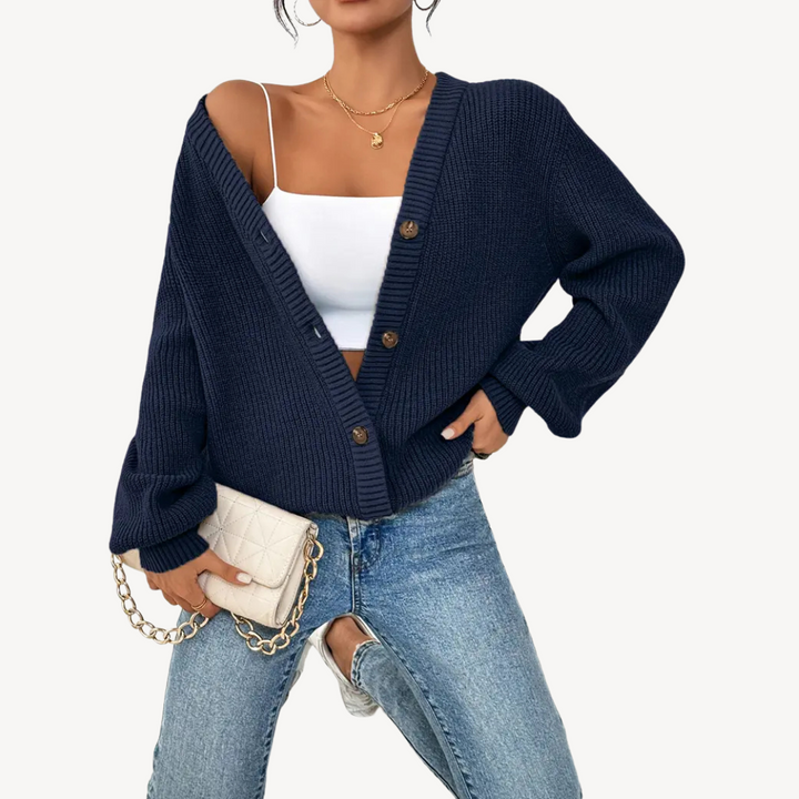 Women's V-Neck Drop Shoulder Cardigan Sweater | Loravelle