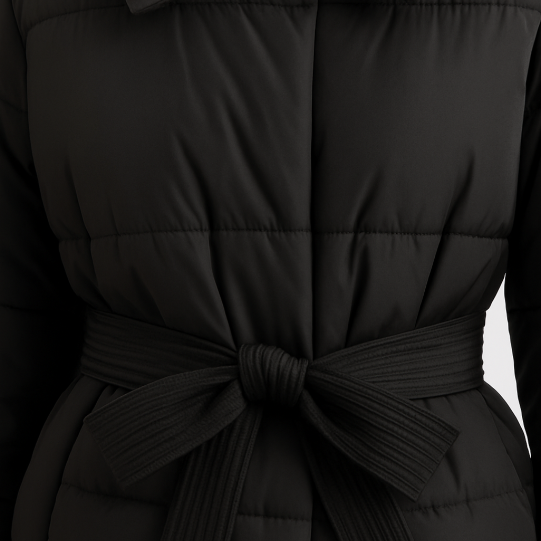 Women’s Black Quilted Puffer Jacket with Belt Loravelle