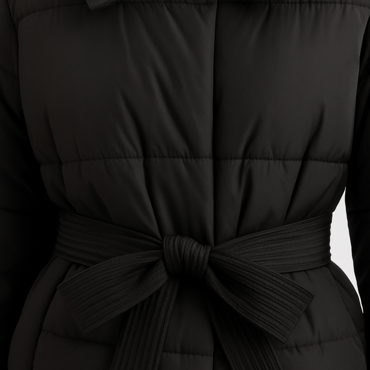 Women’s Black Quilted Puffer Jacket with Belt Loravelle