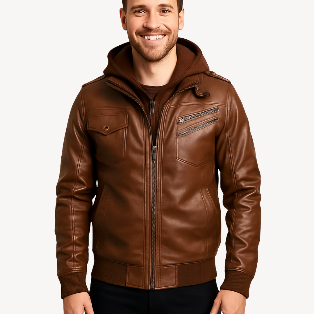 Leather Jacket with Hood for Men | Loravelle