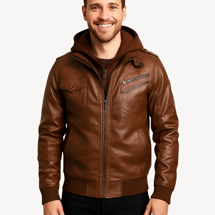Leather Jacket with Hood for Men | Loravelle