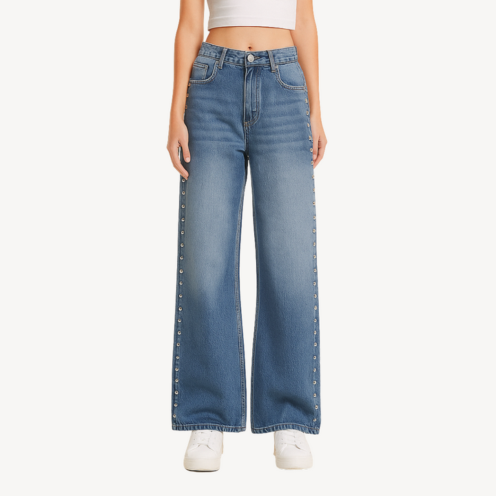 Women's Button-Studded Wide-Leg Jeans | Loravelle