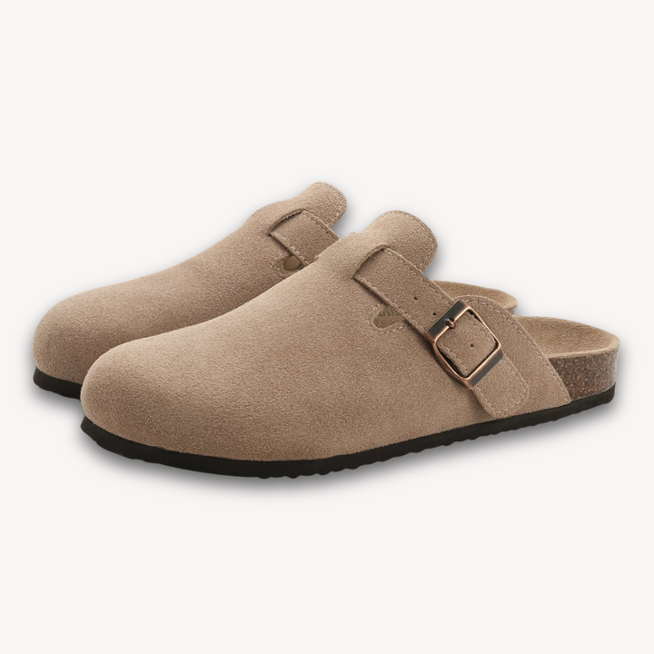 Loravelle | Women's Clogs - Suede Slip-On Mules with Adjustable Buckle - Cork Footbed - Casual Comfort Shoes