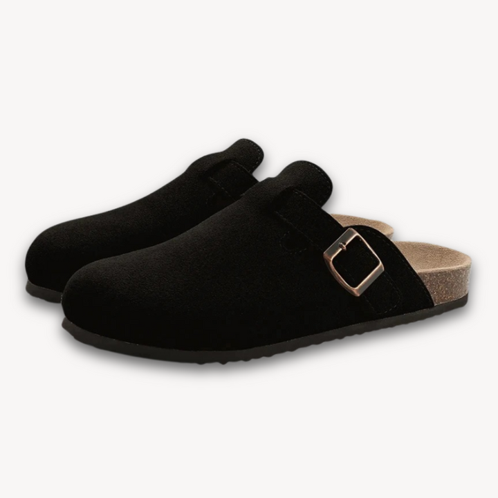 Loravelle | Women's Clogs - Suede Slip-On Mules with Adjustable Buckle - Cork Footbed - Casual Comfort Shoes