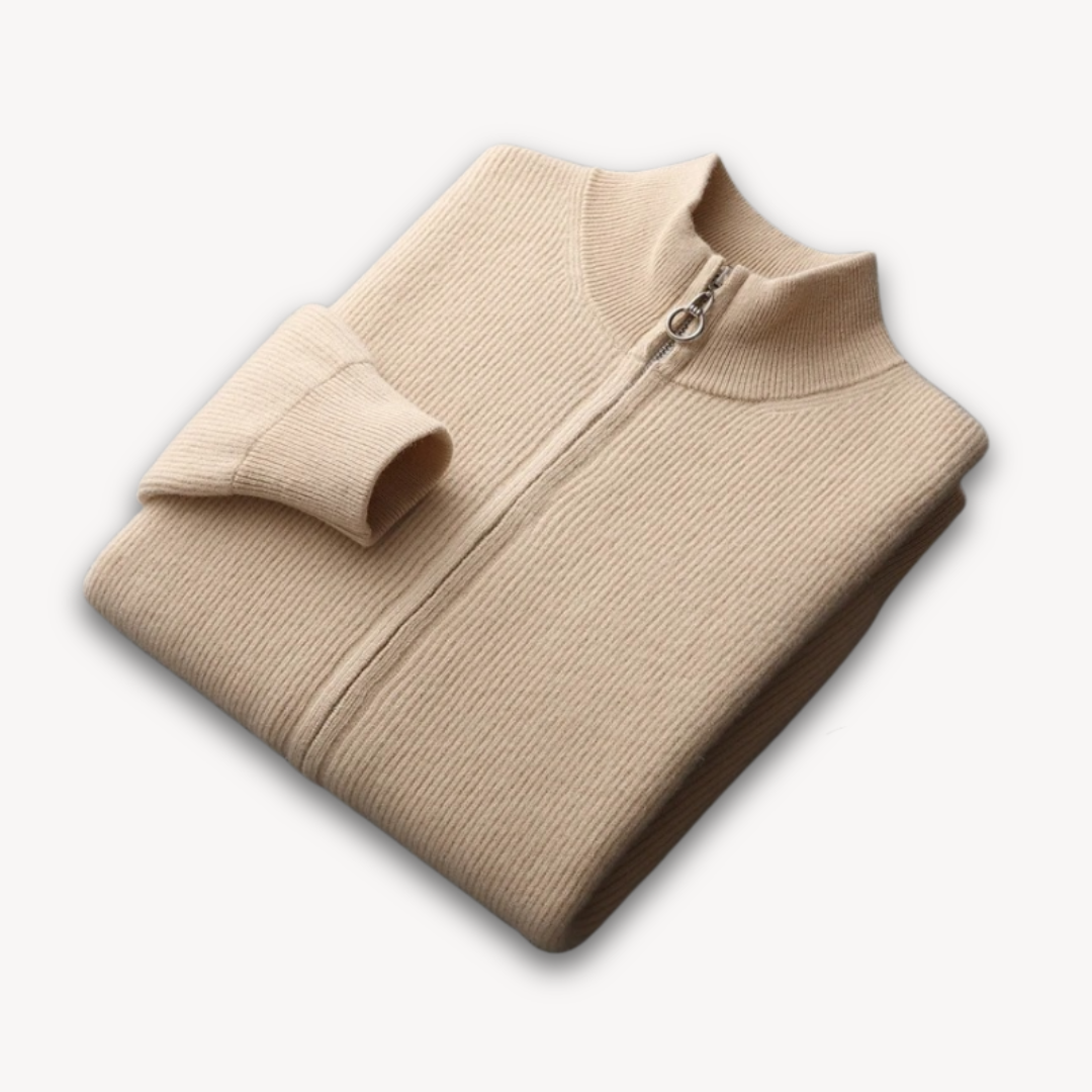 Loravelle | Men's Wool Cashmere Ribbed Full-Zip Cardigan Sweater