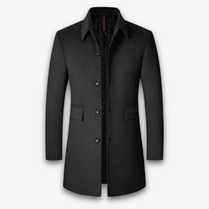 Loravelle | Men's Wool Long Coat - Solid Color, Turn-Down Collar, Business Casual Outerwear