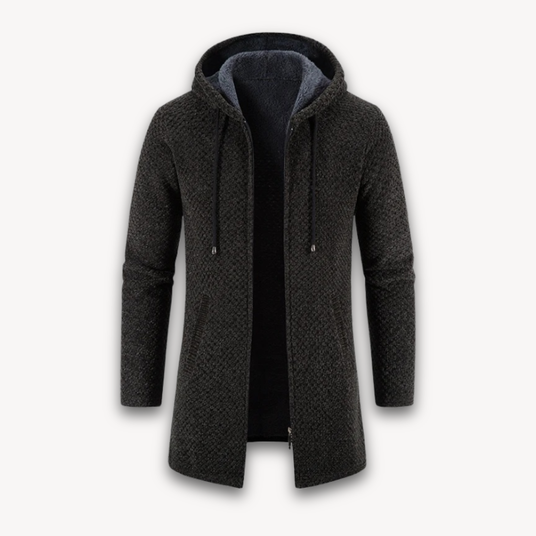 Loravelle | Men's Hooded Cardigan - Longline Knit Zip-Up Sweater Coat - Fleece Lined Winter Outerwear for Adults