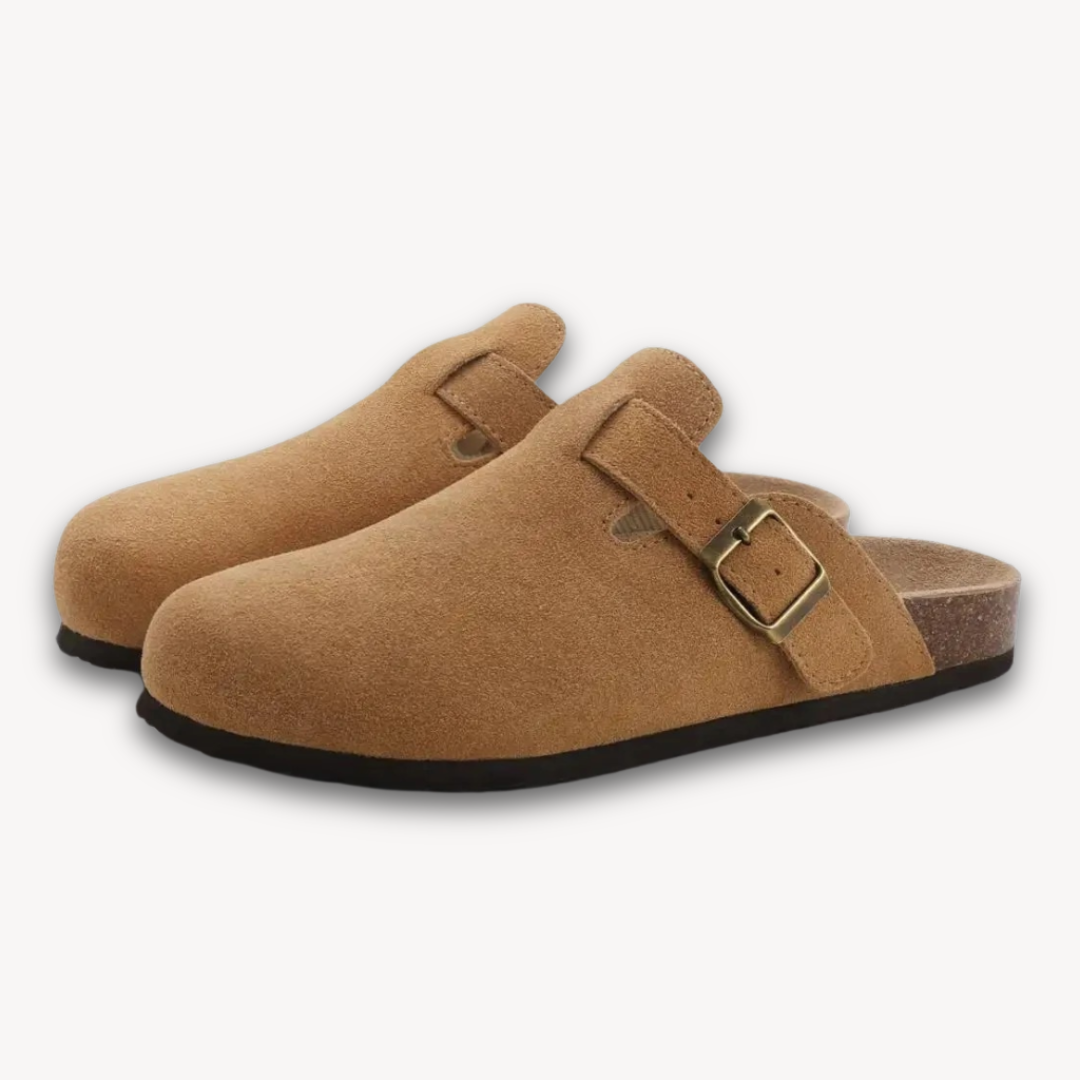 Loravelle | Women's Clogs - Suede Slip-On Mules with Adjustable Buckle - Cork Footbed - Casual Comfort Shoes